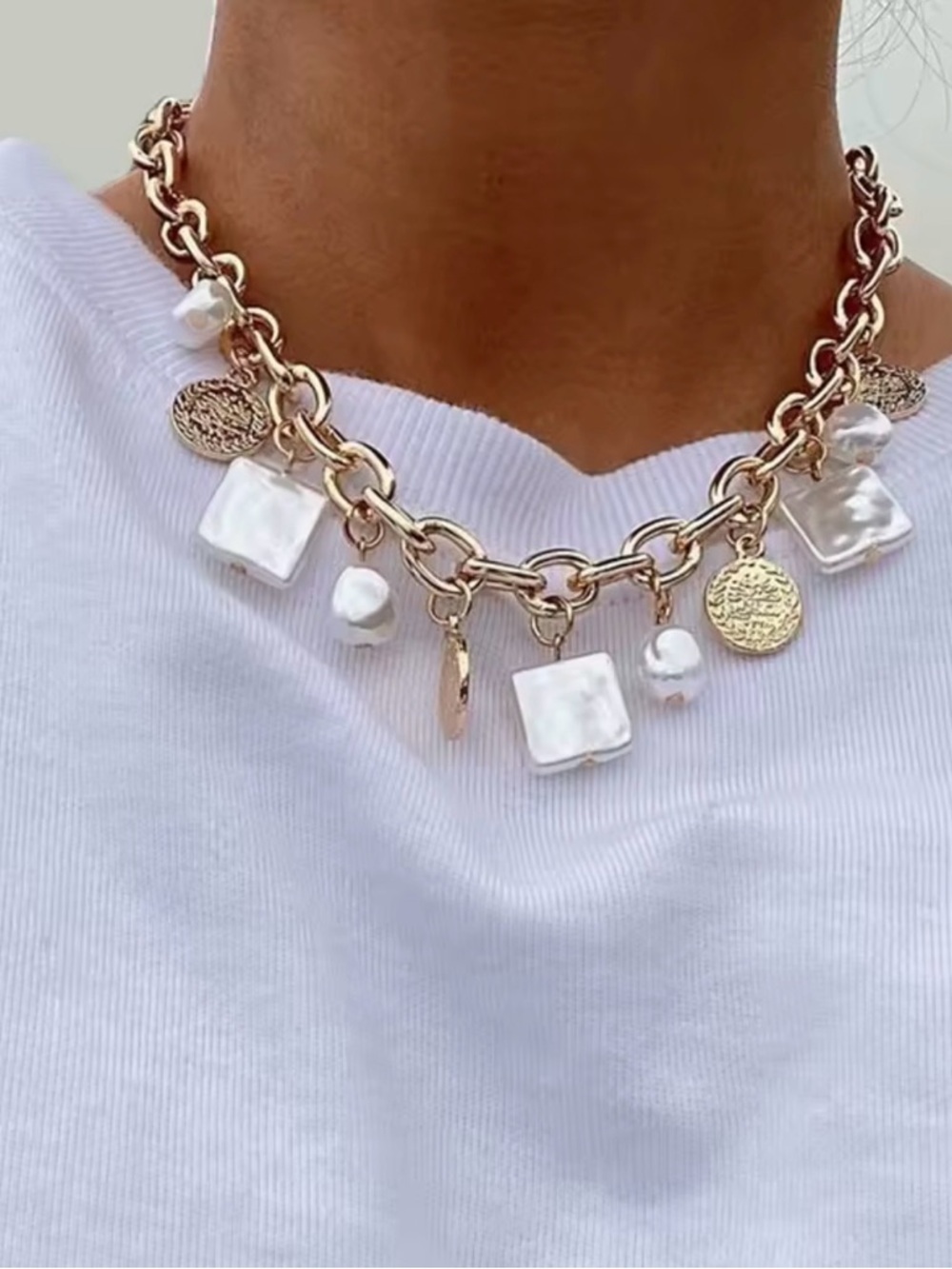 Irregular Pearl Pendant Necklace Geometric Chain Statement Jewelry